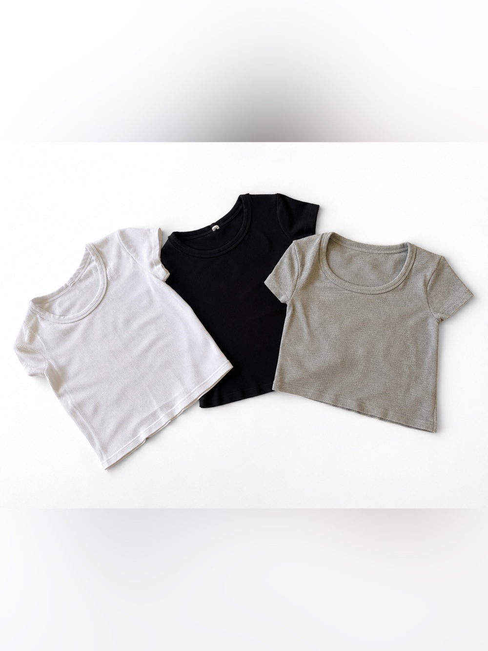 3-Piece Ribbed Knit Top Bundle | Gray, White & Black | Square & Crew Neck Basics